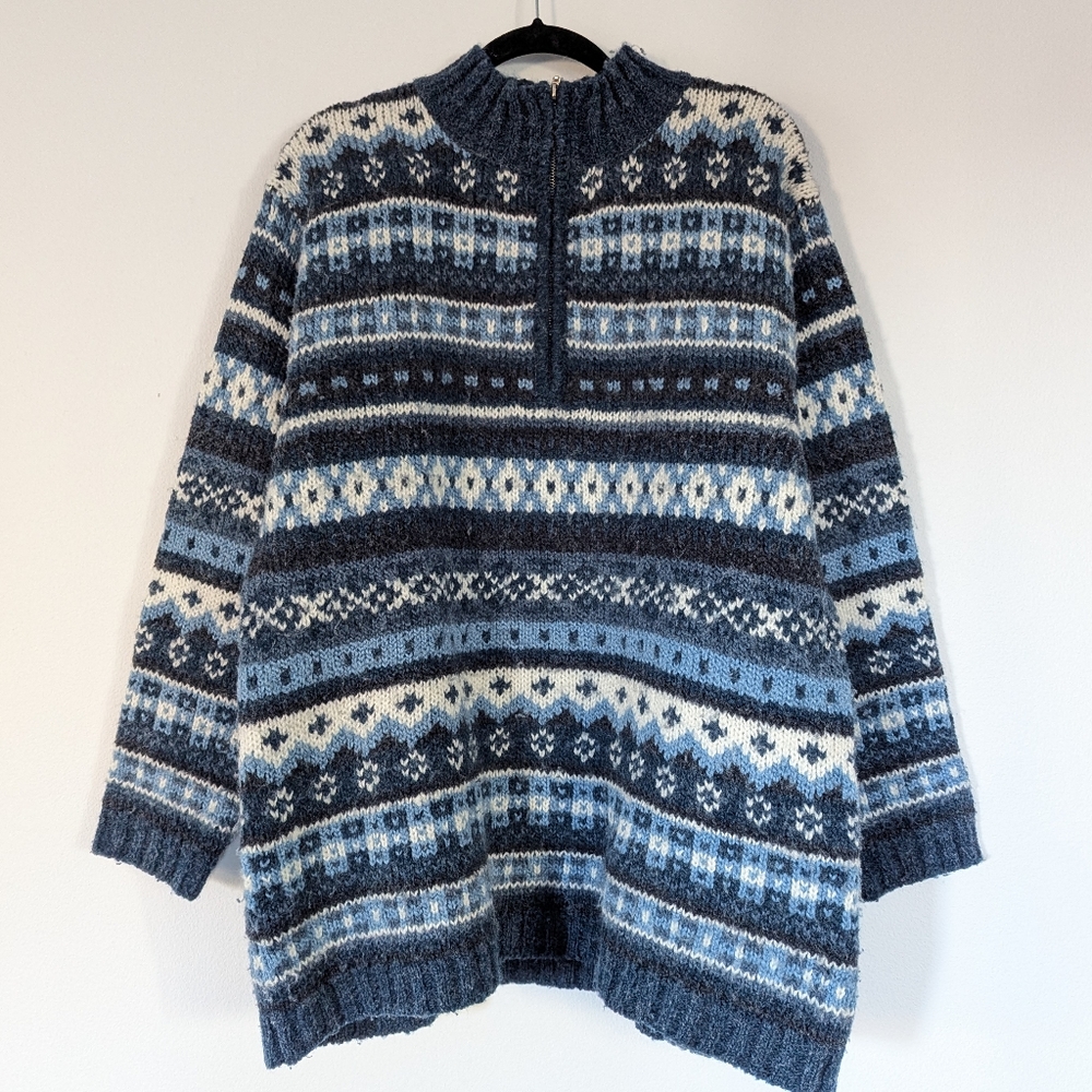 Blue and white Vintage Nordic Fair Isle Wool Blend 1/4 zip Sweater XL